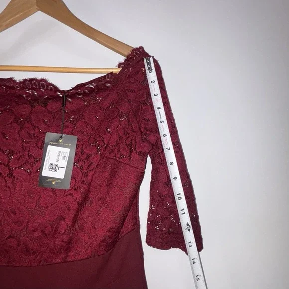 Missmay Burgundy Lace Fit Flare Cocktail Dress Stretch 3/4 Sleeve Sz L Midi - Picture 7 of 10